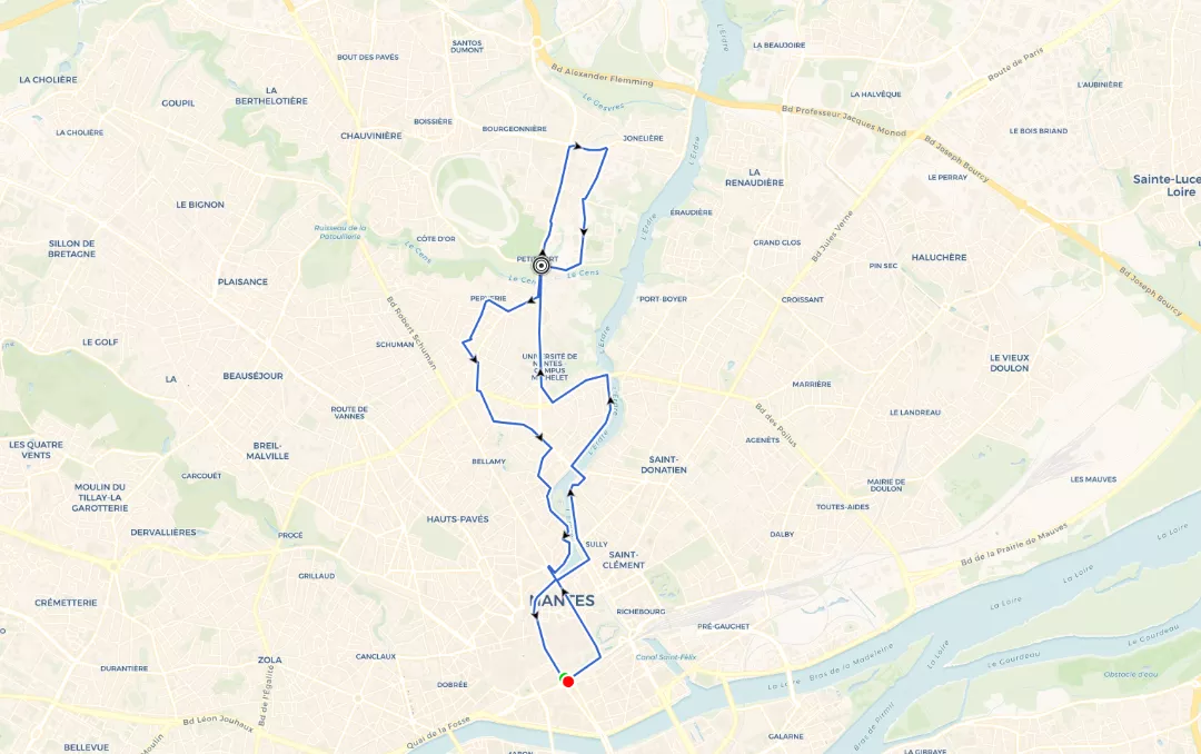 Représentation du parcours NR 10 – Nantes-Nord – Petit port