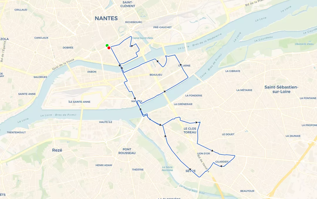 Représentation du parcours NR 12 – Nantes-Sud – St Jacques
