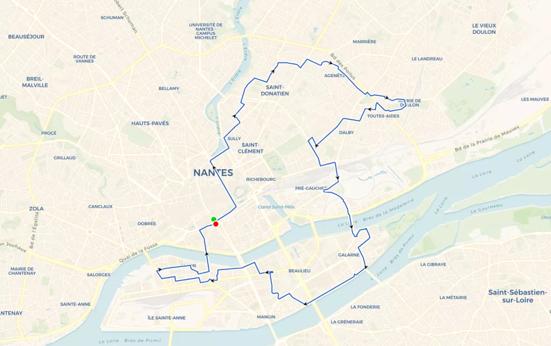 Représentation du parcours NR 15 – St Donatien – île de Nantes